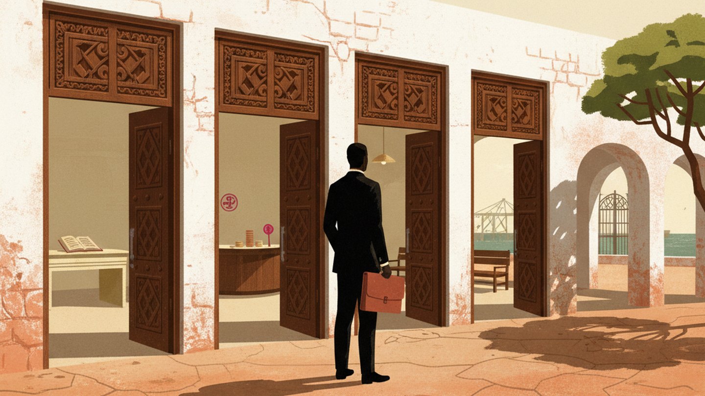 A traveller before four Somali doors, each opening on a different institution