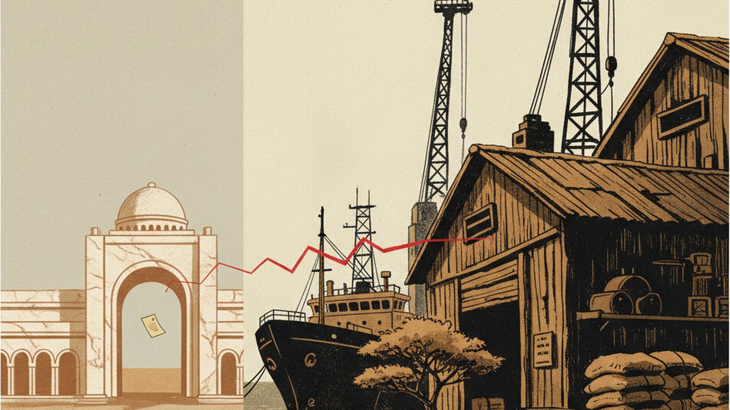 A distant arbitration hall and a solid dockside warehouse