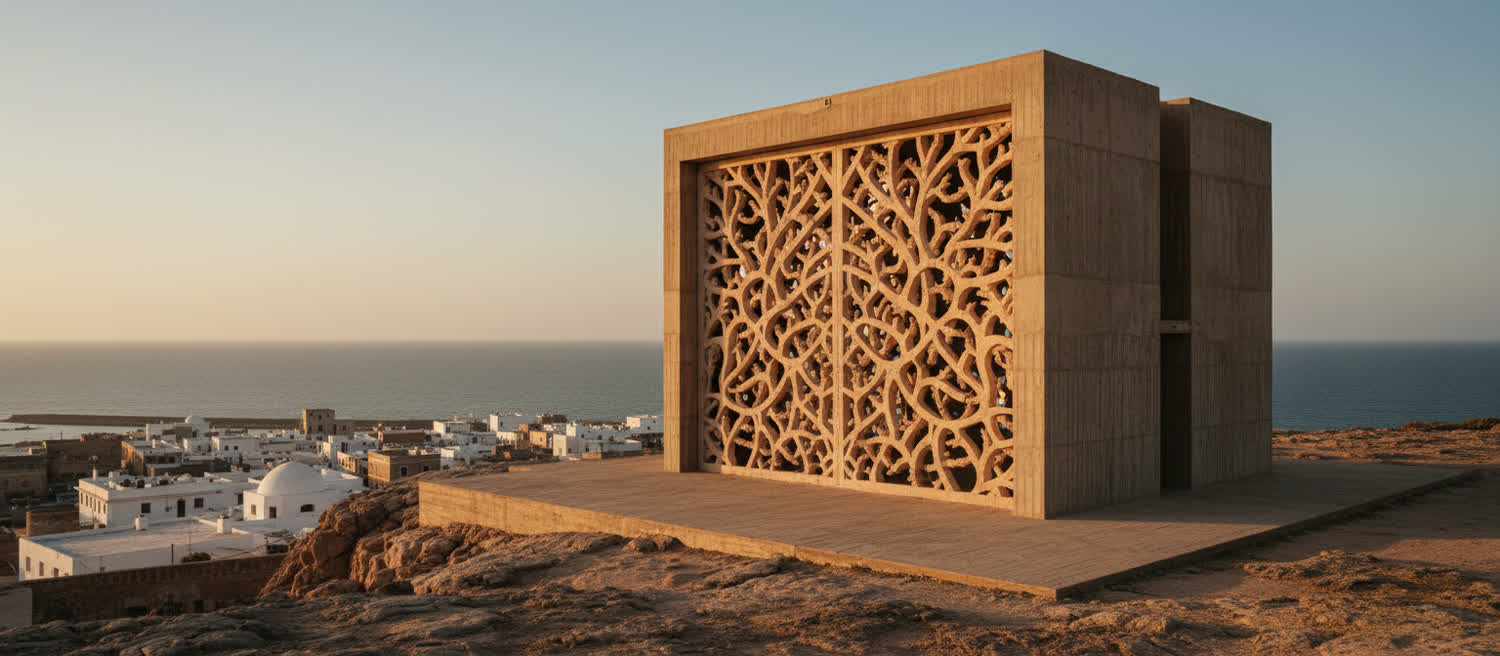 Carved-screen building above the Mogadishu shoreline