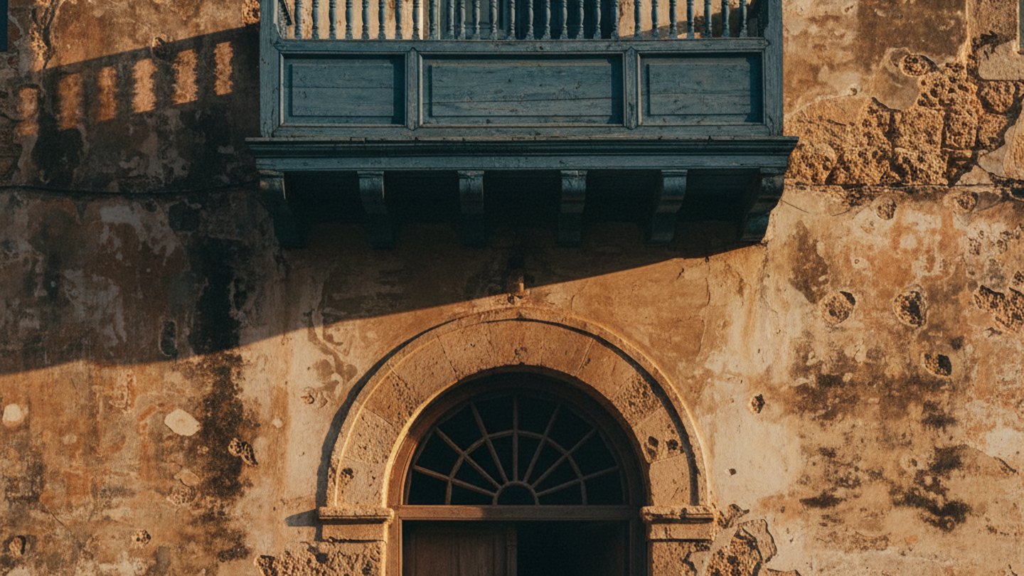 Coral-stone facade and carved balcony, old quarter