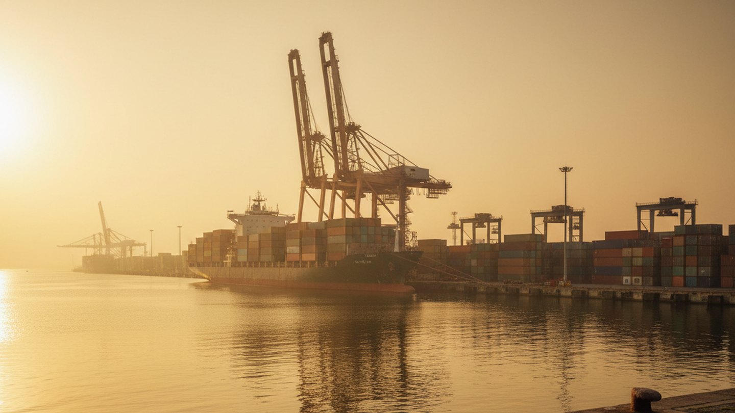 Port cranes and containers at golden hour
