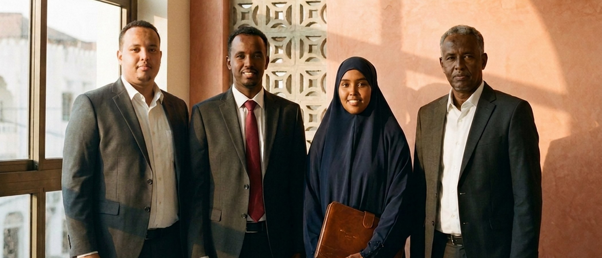 Four Insaaf lawyers in a Mogadishu interior, beside a carved coral-stone screen